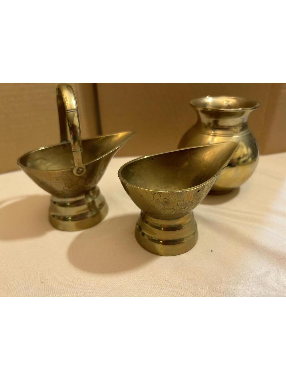 Vintage Small Brass Pitcher Pot Mini Coal Scuttle Bucket Lot Of 2 And Vase